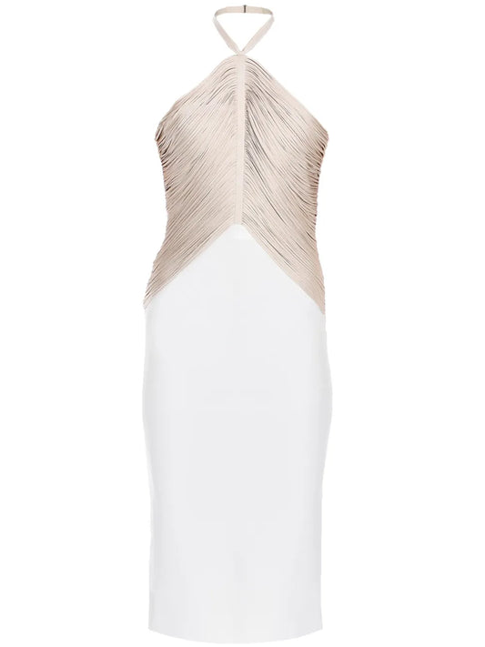 Herve Leger Halterneck Fringe Midi Dress — White — Size XS — Front View