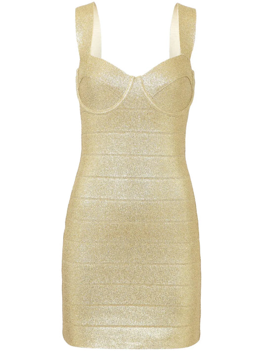 Herve Leger Metallic Bandage Minidress — Gold — Size XS — Front View