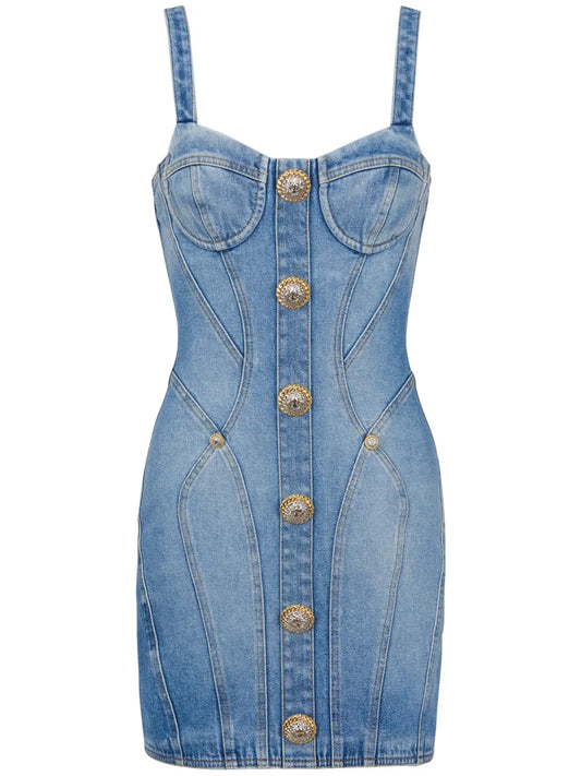 Balmain Button Embellished Denim Minidress — Blue — Size XS — Front View