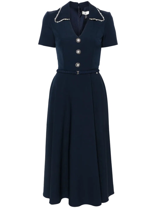 Nissa V Neck Belted Midi Dress — Blue/ Navy/ Red — Size L — Front View