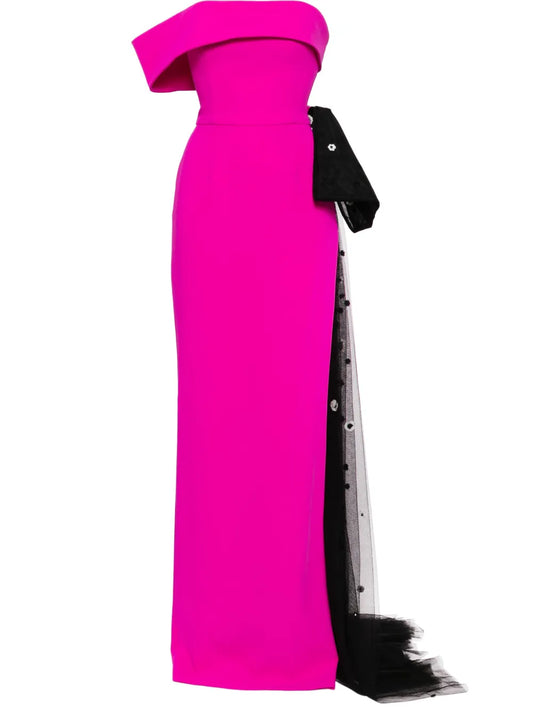 Saiid Kobeisy Bow Off Shoulder Gown — Black/ Pink — Size XS — Front View
