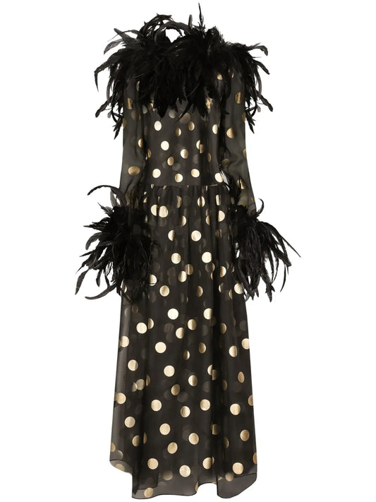 Dolce Gabbana Feather Trim Polka Dot Dress — Black/ Gold — Size S — Front View