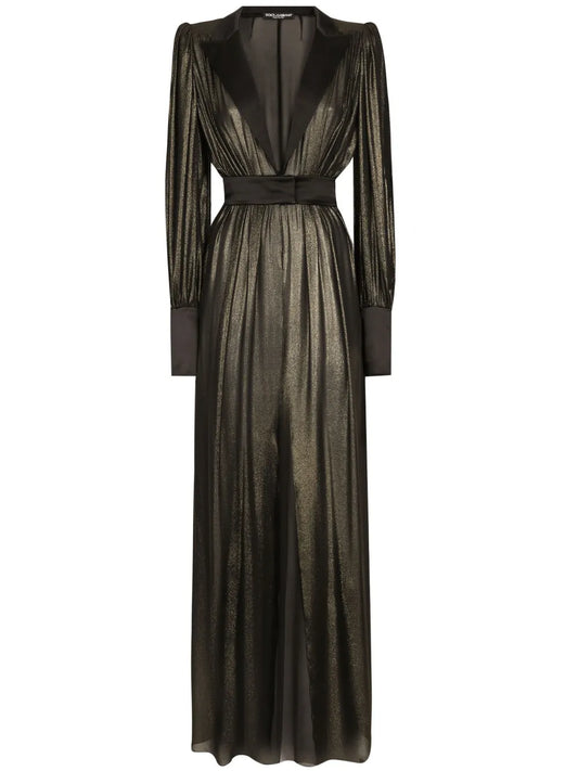 Dolce Gabbana Lurex Plunge Gown — Gold — Size XS — Front View