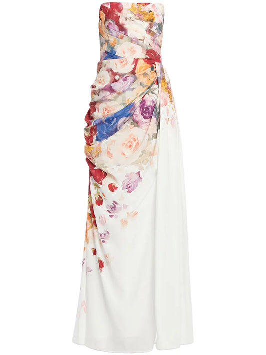 Leo Lin Anastasia Bustier Floral Print Gown — White/ Red — Size XS — Front View