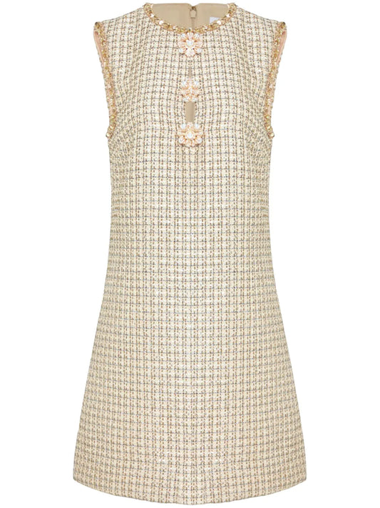 Self Portrait Embellished Boucle Mini Dress — Gold — Size S — Front View