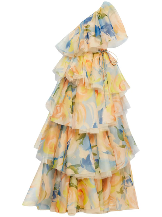 Leo Lin Paloma One Shoulder Floral Print Gown — Red/ Yellow — Size XS — Front View
