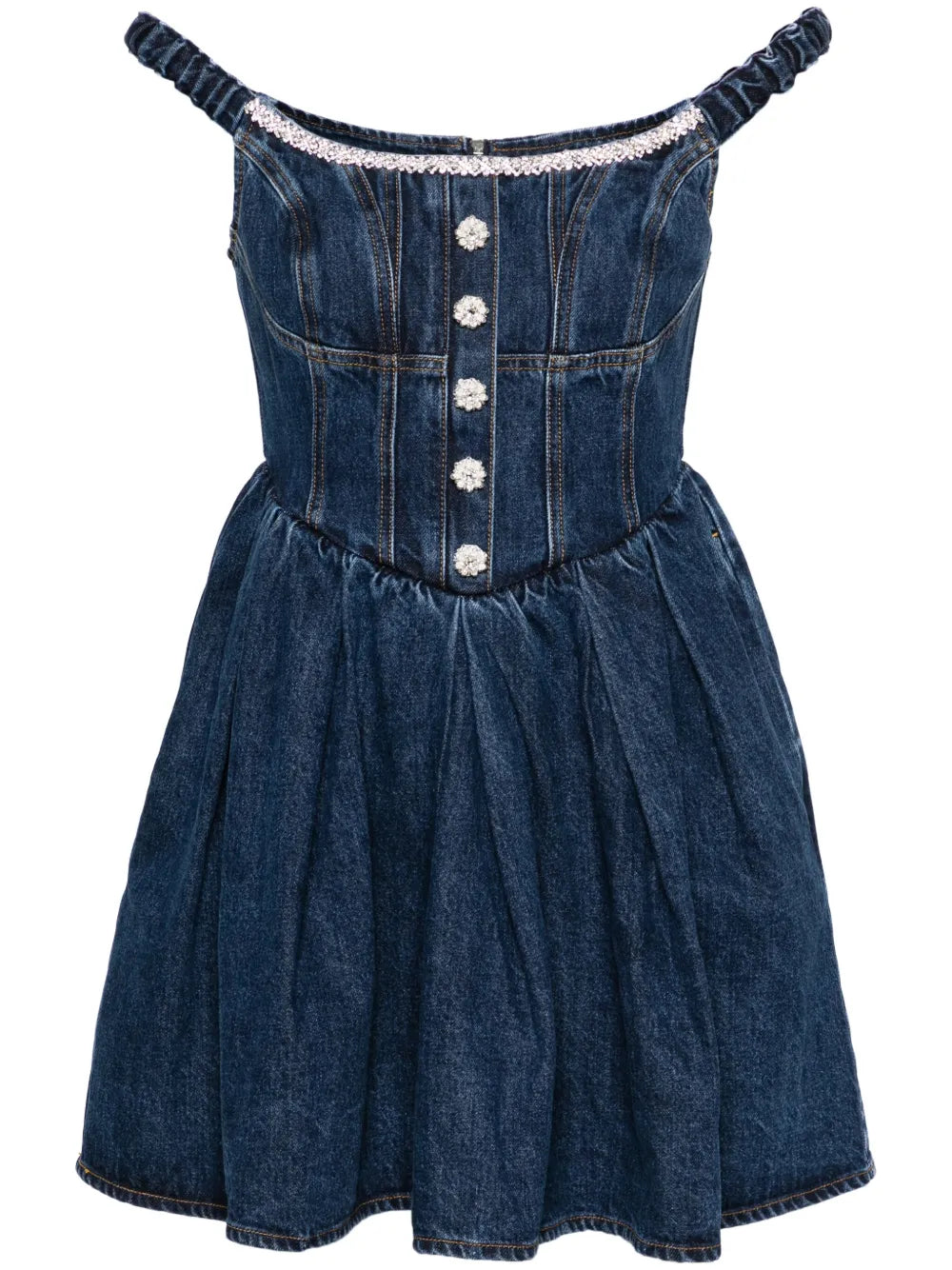 Self Portrait Crystal Embellished Denim Mini Dress — Blue/ Navy/ Red — Size S — Front View