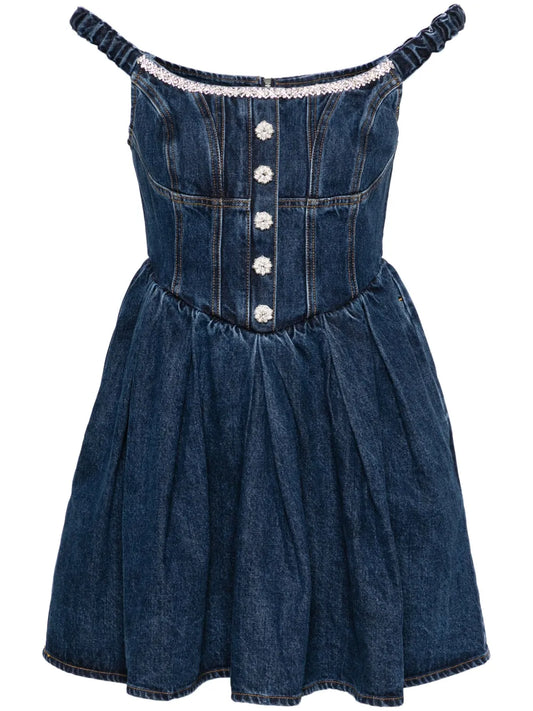 Self Portrait Crystal Embellished Denim Mini Dress — Blue/ Navy/ Red — Size S — Front View