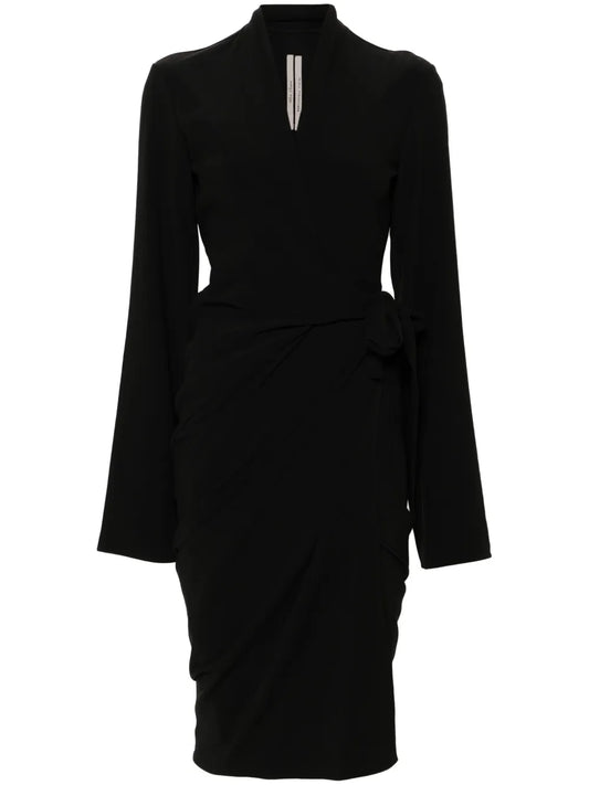 Rick Owens Tie Fastening Crepe Wrap Dress — Black — Size XS — Front View