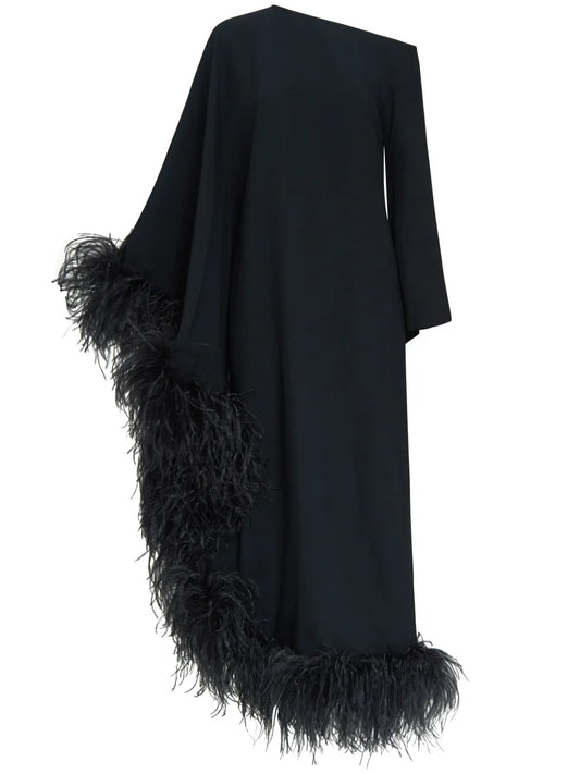 Taller Marmo Ubud Extravaganza Feather Trim Maxi Dress — Black — Size XS — Front View