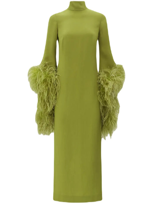 Taller Marmo Del Rio Feather Trim Midi Dress — Red/ Green — Size XS — Front View