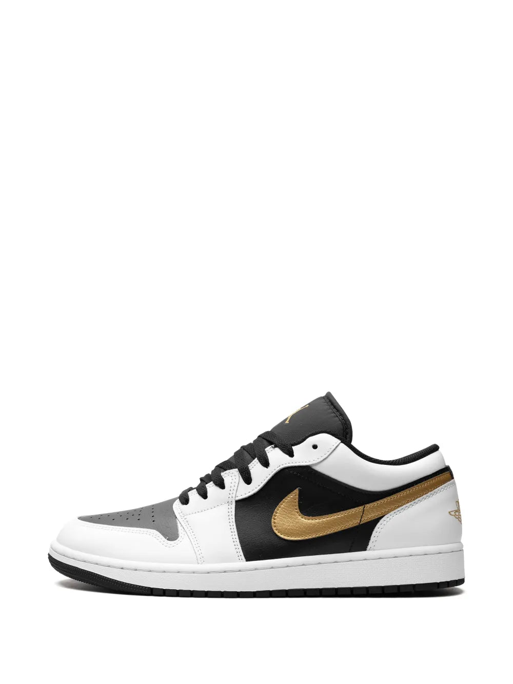 Air Jordan 1 Low Gold Swoosh Sneakers — White/Black — Size US M 9.5 - US W 11 — Detail View