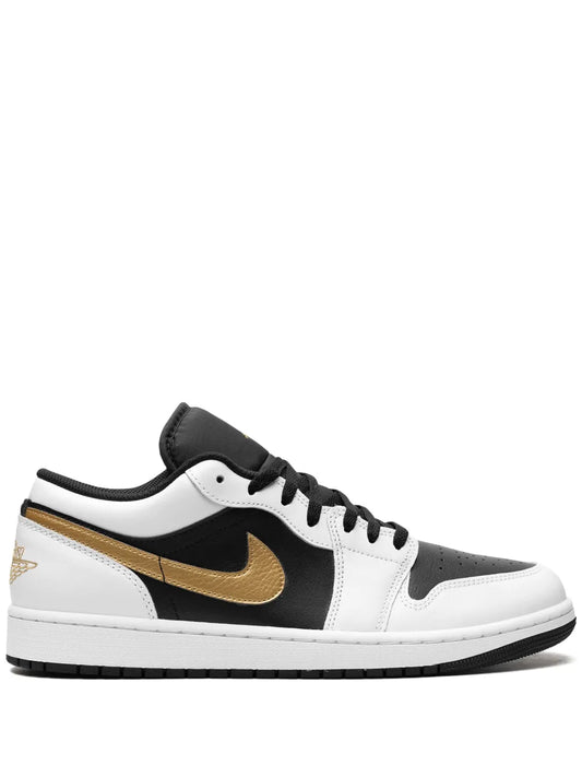 Air Jordan 1 Low Gold Swoosh Sneakers — White/Black — Size US M 9.5 - US W 11 — Front View