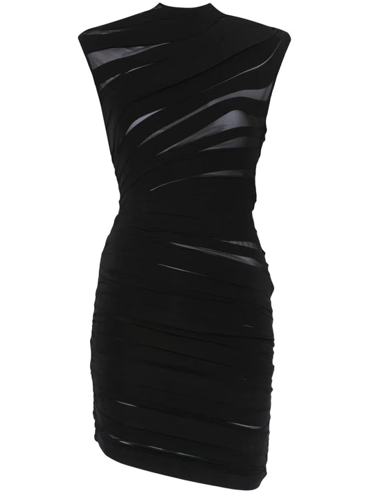 Mugler Ruched Sheer Mini Dress — Black/ Tan — Size XS — Front View