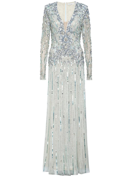 Rachel Gilbert Rosa Crystal Embellished Gown — Silver — Size XS — Front View
