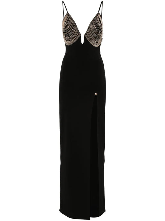 Nissa Fringe Detail Maxi Dress — Black — Size XS — Front View