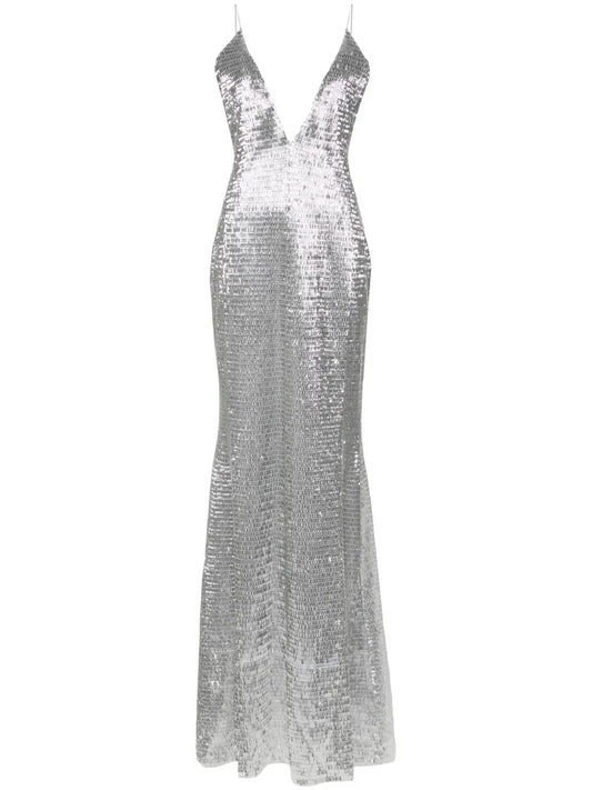 The New Arrivals Ilkyaz Ozel Claudie Maxi Dress — Red/ Silver — Size S — Front View