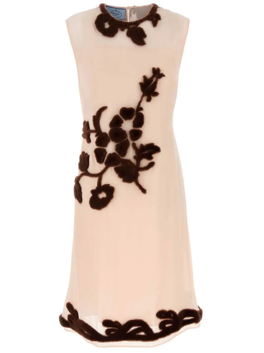 Prada Floral Embroidered Silk Midi Dress — White/ Brown/ Red — Size XS — Front View
