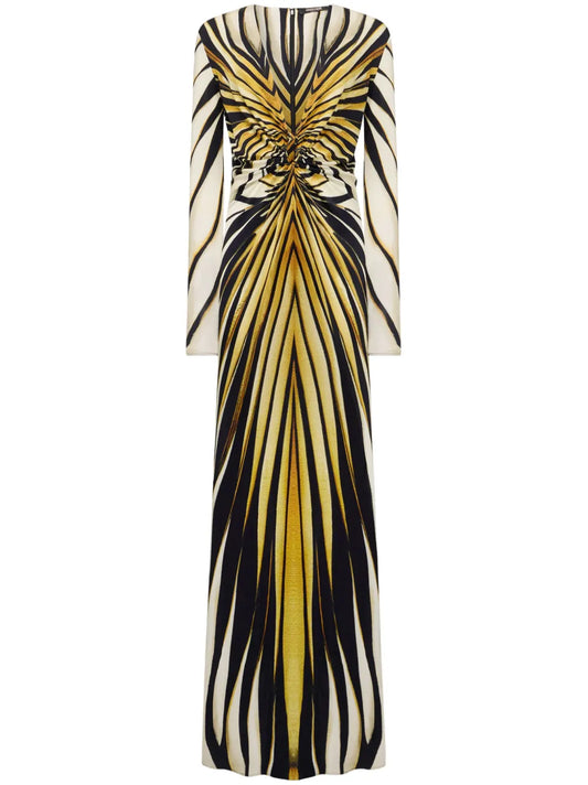 Roberto Cavalli Ray Of Gold Print Maxi Dress — Red/ Gold — Size XS — Front View
