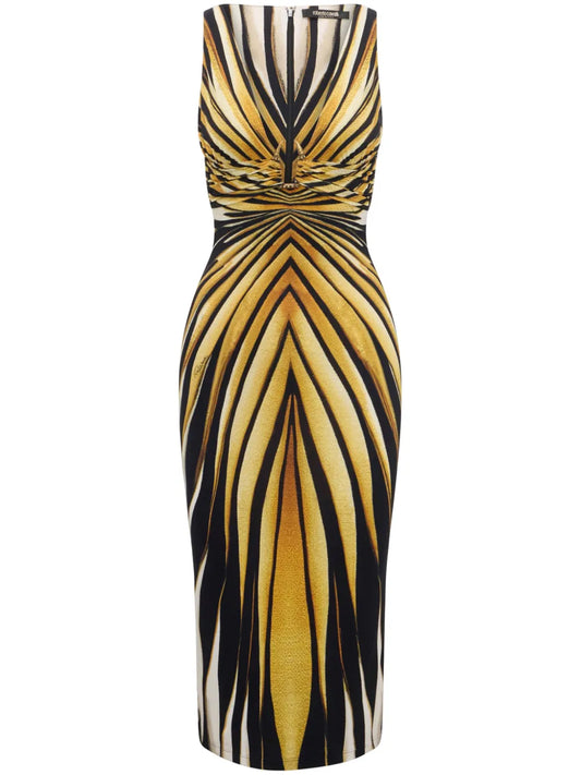 Roberto Cavalli Ray Of Gold Print Midi Dress — Gold — Size XS — Front View