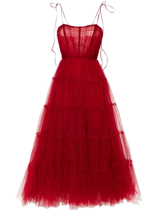 Ana Radu Tulle Maxi Dress — Red — Size XS — Front View