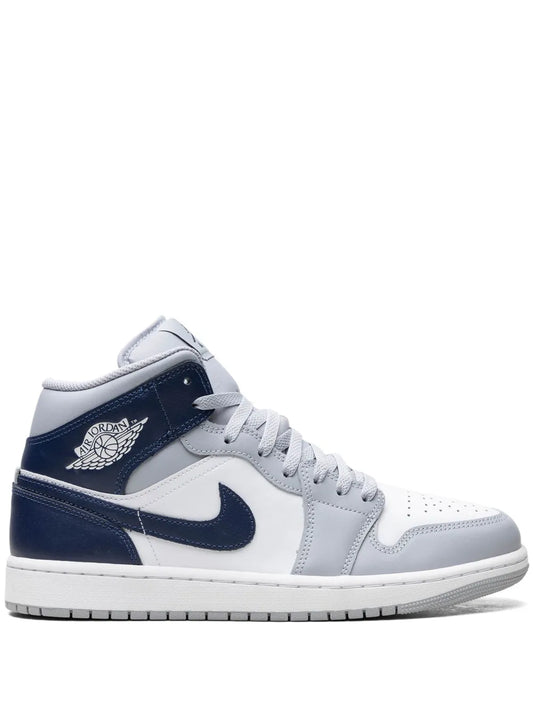 Air Jordan 1 Grey Sneakers — Grey/Navy Blue — Size US M 6.5 - US W 8 — Front View
