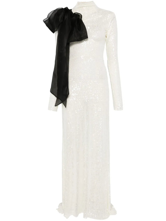 Atu Body Couture Draped Detail Maxi Dress — White/ Red — Size M — Front View