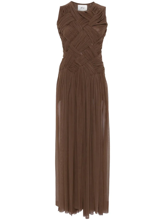Atu Body Couture Emotional Braided Maxi Dress — Brown/ Red — Size XS — Front View