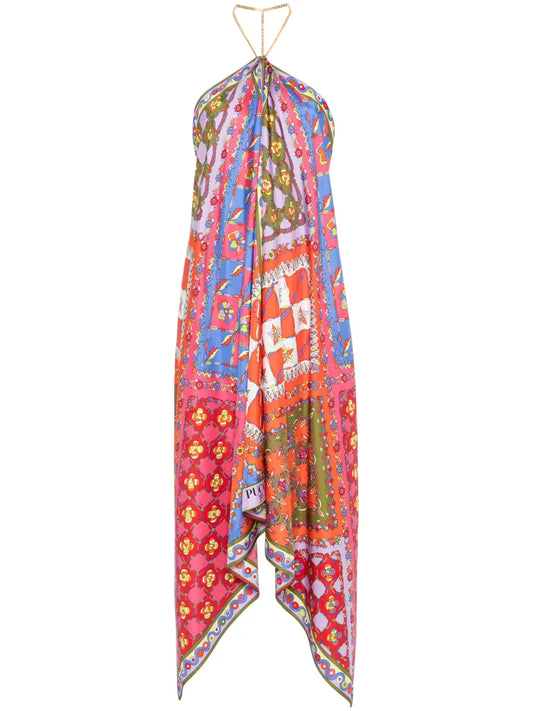 Pucci Festa Print Silk Midi Dress — Red — Size XS — Front View