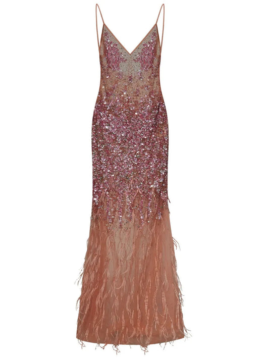 Room76 Sequin Feather Embellished V Neck Dress — Red/ Pink — Size XS — Front View