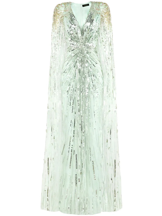 Jenny Packham Gold Rush Sequin Embellished Gown — Green/ Gold — Size XS — Front View