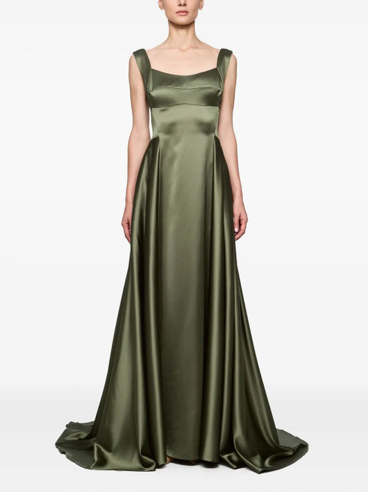 Atu Body Couture V Back Satin Gown — Red/ Green — Size XS — Front View