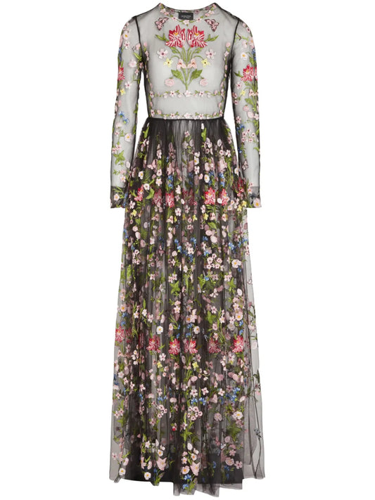 Giambattista Valli Botanical Tulle Dress — Black/ Tan — Size XS — Front View