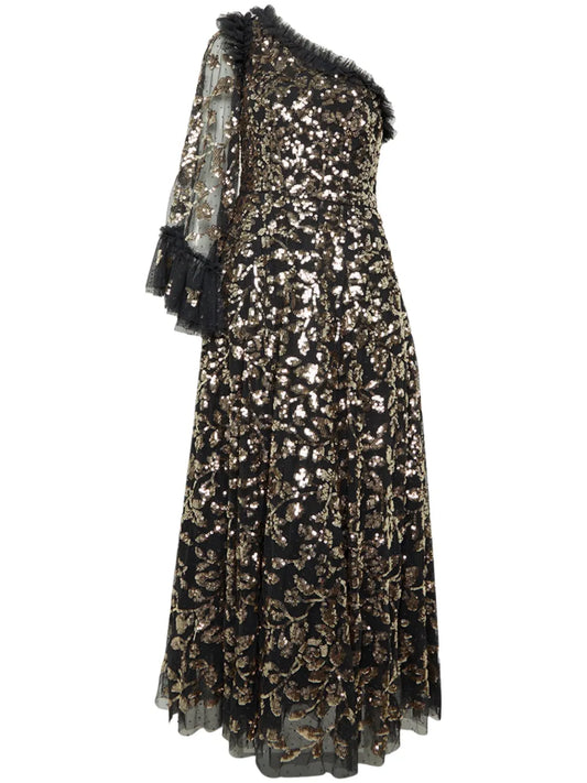 Needle Thread Falling Leaves Midi Dress — Black/ Red/ Gold — Size S — Front View