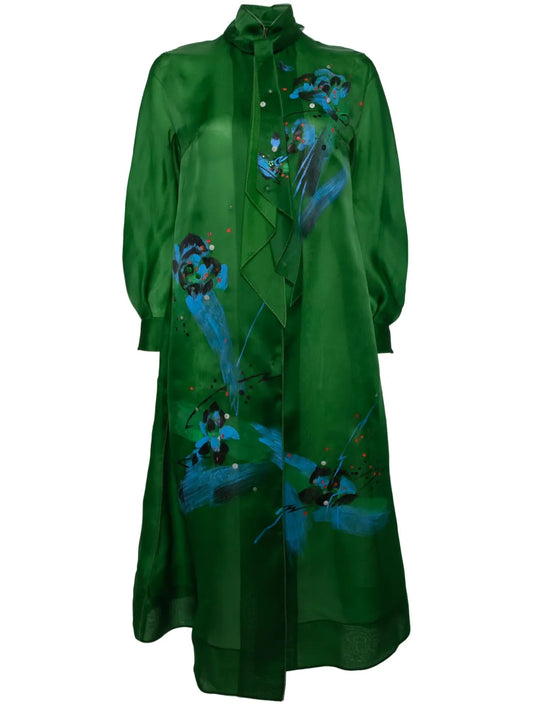 Shiatzy Chen Libre Collection Embroidered Dress — Tan/ Red/ Green — Size XS — Front View
