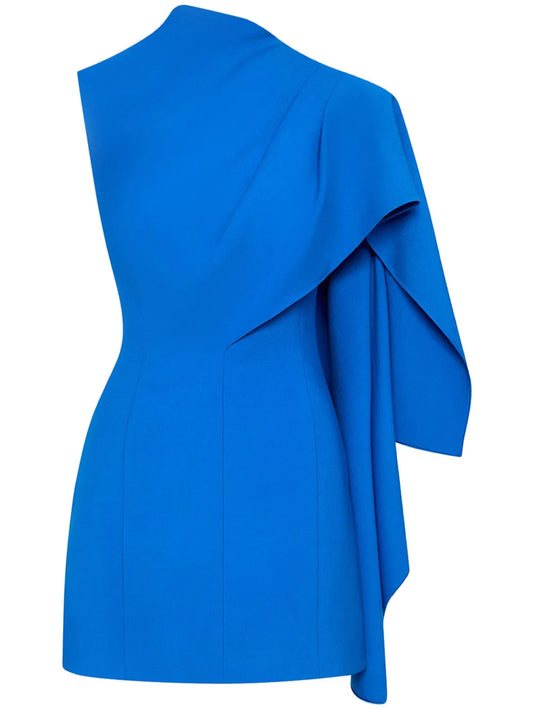 Oscar De La Renta One Shoulder Cape Dress — Blue — Size XS — Front View