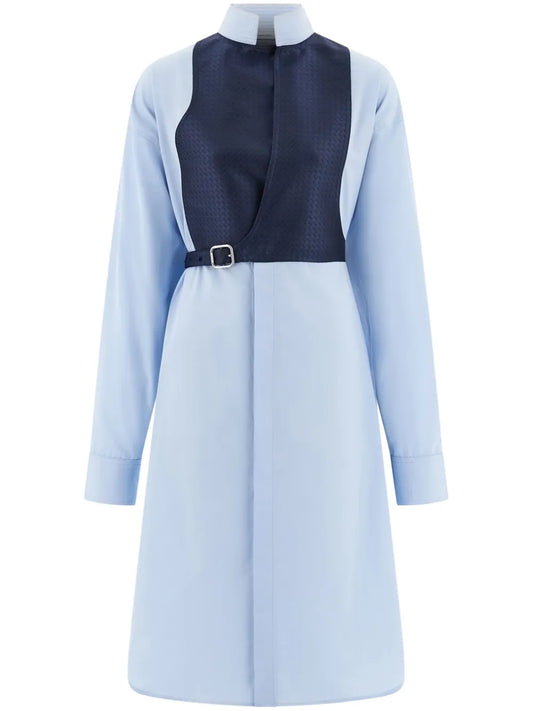 Ferragamo Contrasting Panel Shirt Dress — Tan/ Blue — Size S — Front View