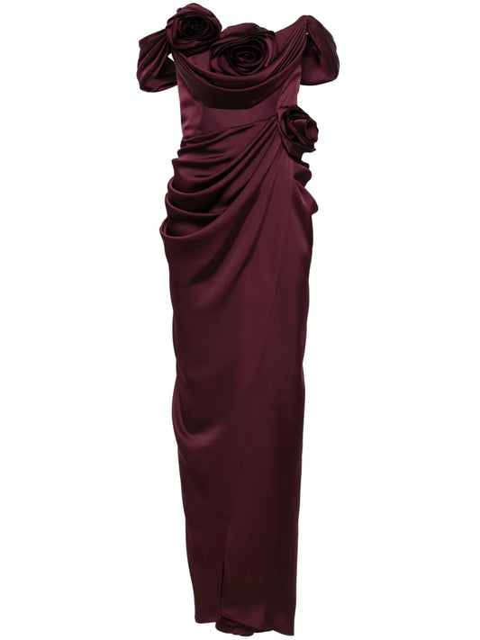 Ana Radu Floral Applique Draped Gown — Red — Size L — Front View