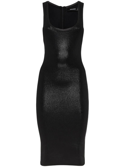 Dsquared2 Ribbed Knit Dress — Black/ Red/ Silver — Size S — Front View