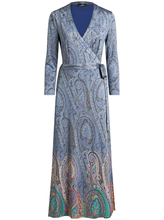 Etro Paisley Wrap Dress — Blue — Size M — Front View