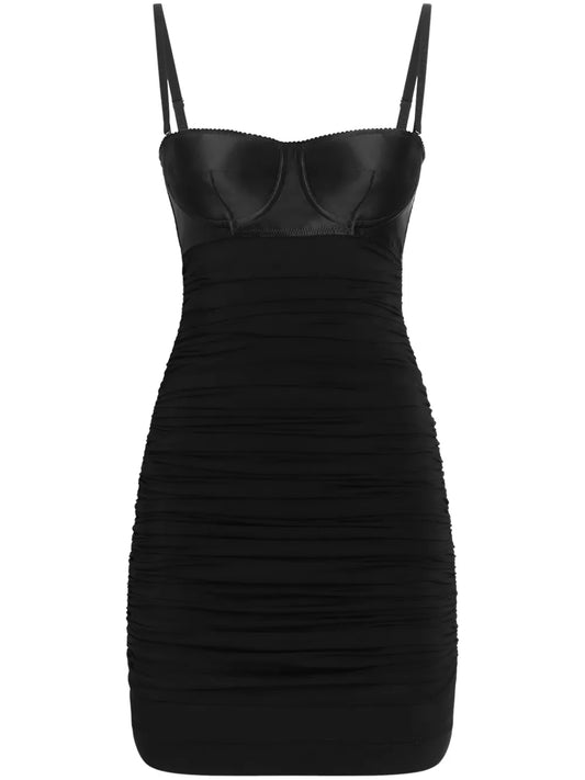 Dolce Gabbana Ruched Mini Dress — Black — Size XS — Front View