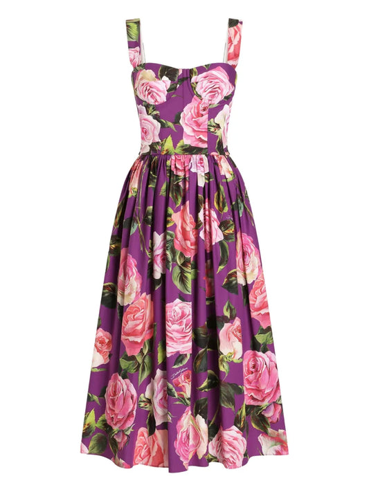 Dolce Gabbana Rose Print Midi Dress — Red/ Purple — Size XS — Front View
