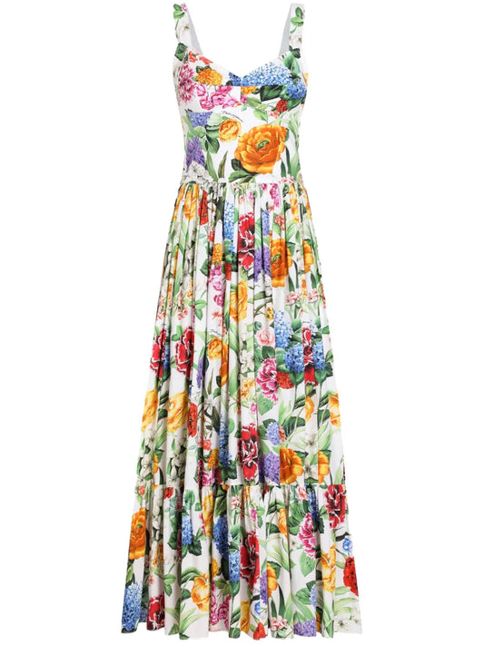 Dolce Gabbana Floral Print Maxi Dress — White/ Red — Size S — Front View