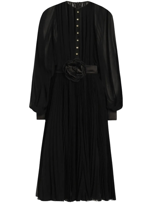 Dolce Gabbana Floral Applique Midi Dress — Black — Size XS — Front View