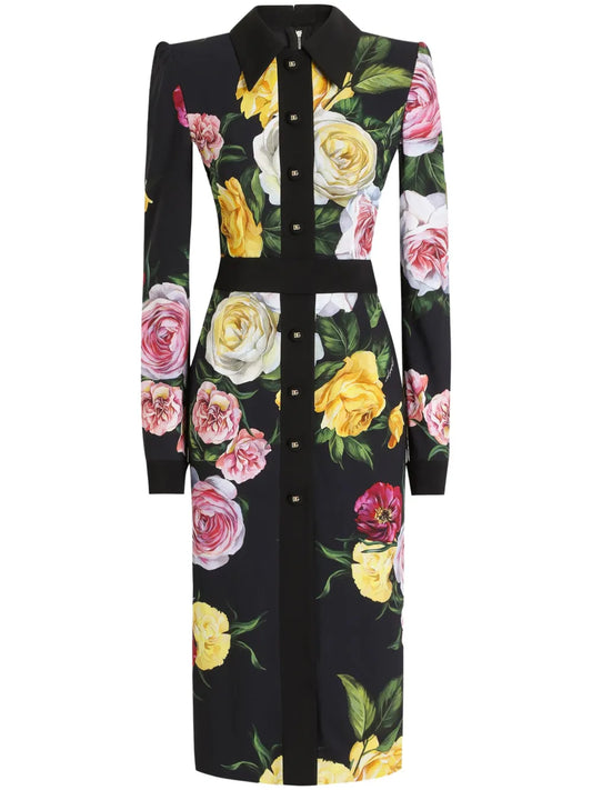 Dolce Gabbana Floral Print Shirtdress — Black — Size XS — Front View