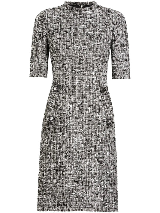 Dolce Gabbana Tweed Midi Dress — Black — Size XL — Front View