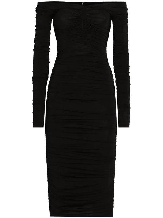 Dolce Gabbana Ruched Midi Dress — Black — Size XS — Front View