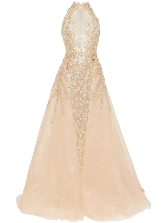 Saiid Kobeisy Beaded Dress — Beige — Size XS — Front View