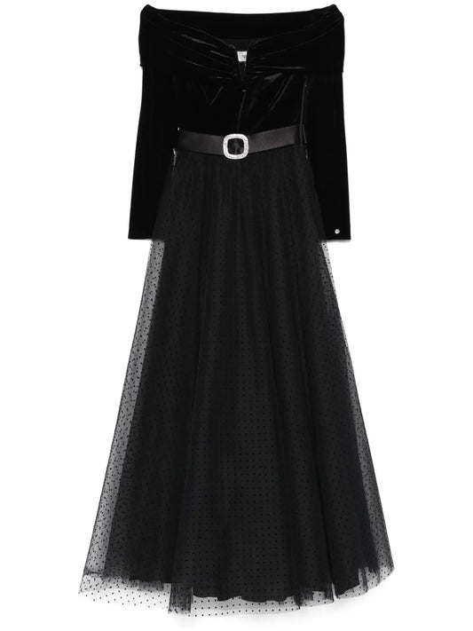 Nissa Belted Maxi Dress — Black/ Red — Size XS — Front View
