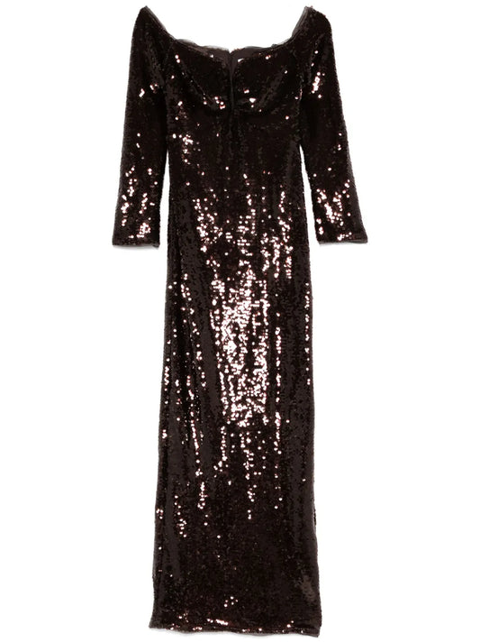 Self Portrait Sequin Off Shoulder Maxi Dress — Brown — Size S — Front View